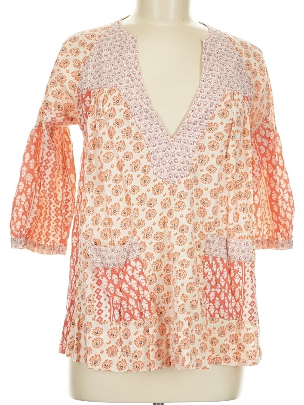Kimchi Blue Cream Blouse with Coral Dot & Sunburst Print